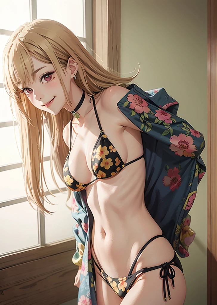 marinlora, 1girl, long hair, blush, smile, blonde hair, large breasts, navel, cleavage, jewelry, swimsuit, bikini, earrings, choker, indoors, bracelet, black bikini, side-tie bikini bottom, halterneck, black choker, piercing, floral print, ear piercing, string bikini, print bikini,