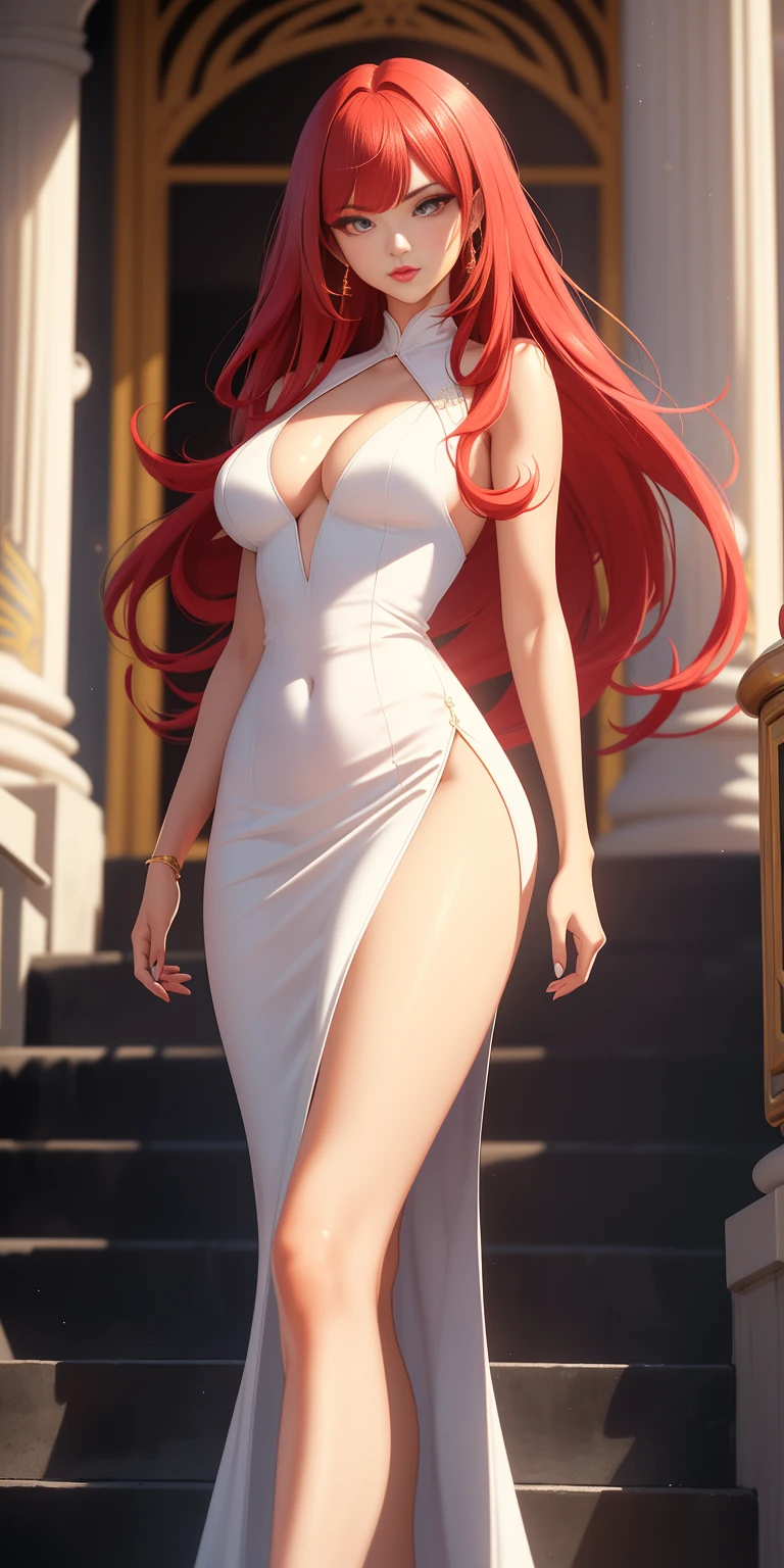 medium breasts, 1 girl, ((long red hair, with bangs)) ((cute and beautiful girl)), double eyelids, detailed eyes, hyper-detailed eyes, light effect on the eyes, detailed iris, has an extremely sexy, with breasts amazing and perfect waist, and extremely, (((long white dress, leg slit))) beautiful and bold, night and youthful makeup, cleavage ((masterpiece, hyper realistic, hyper detailed, best quality, 16k, light effect and shadow on the skin)), eyeliner on the eyes, cute expression, red lips, tanned skin, Night, Posing: 1,3, walking up the stairs at the Palace entrance, beautifully seductive woman, seductive look: 1, 3
