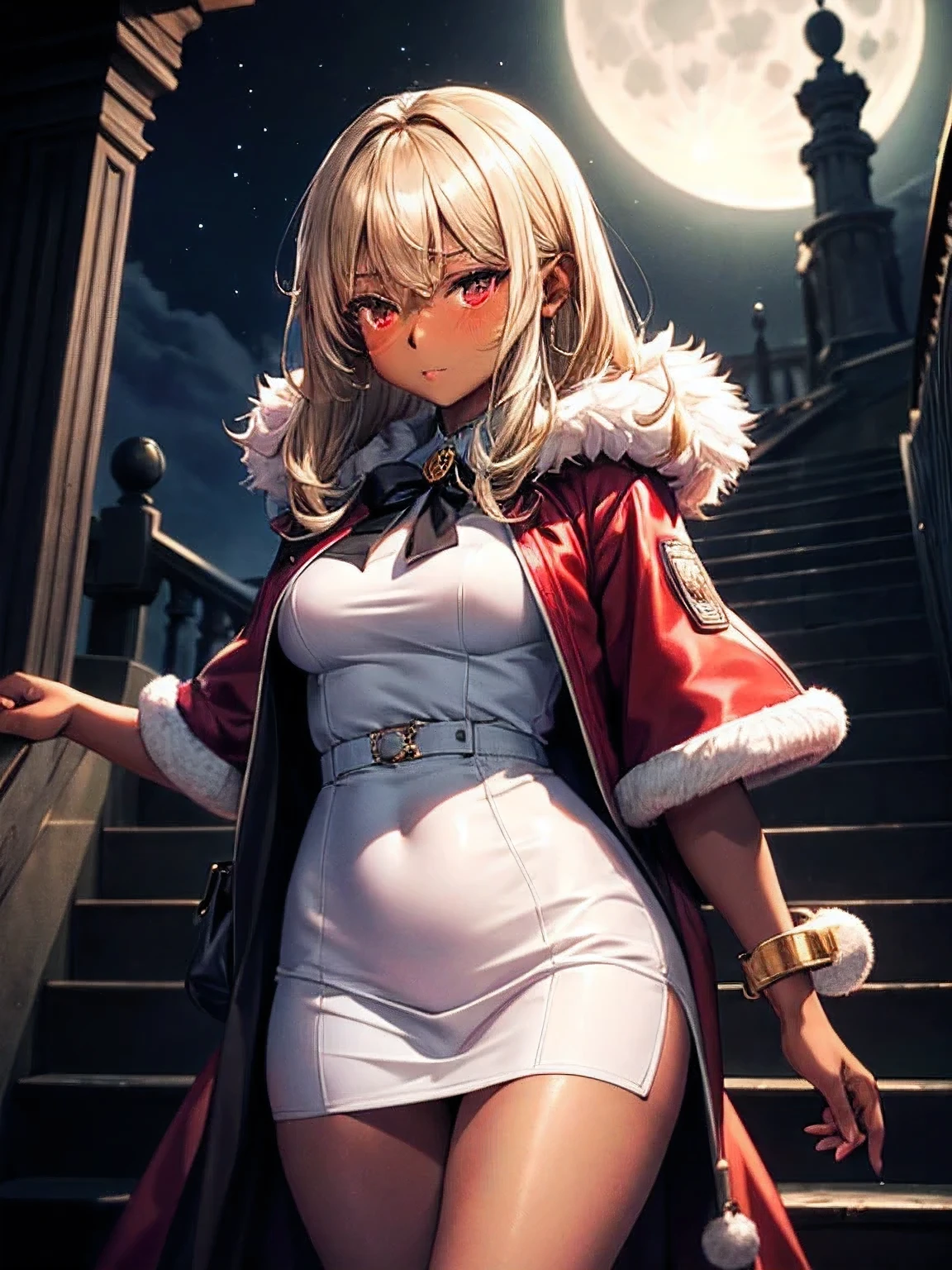 (masutepiece), (Best Quality, High resolution), 1girl in, (Dark skin:1.3), (chubby), medium breasts, pointy ear, brown and blonde hair in shirt, Red Eyes, Glowing eyes, Fur coat, Dress, blush, Moon, Moonlight, Outside, stairway