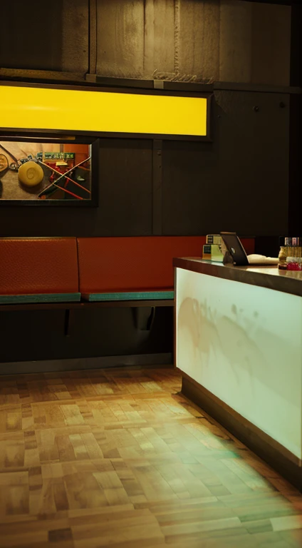 Restaurante moderno, mesas electronicas, iluminacion fluorescente estilo GTA, pantalas led en las paredes,3D RENDER, HD quality