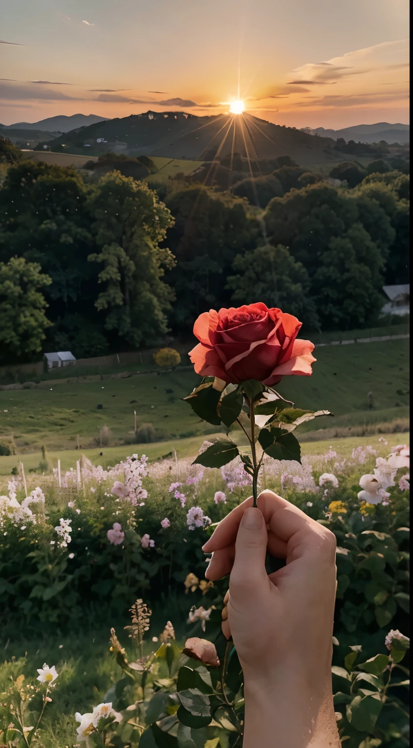 create a minimalist illustration of a hand touching a rose of Sharon in a field full of flowers with the sun in the background of the landscape