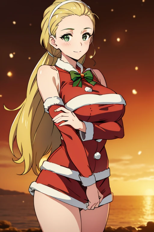 (masterpiece, best quality, high resolution, anime colored, 8k, photorealistic), Akebi Sasaki, hairband, 1girl, (15 years old), dark green eyes, smile, blush, (sagging large breast:1.5), (Santa costume:1.5), (cum on breasts), arms behind back, (standing:1.5, upper body:1.5), softlight, (perfect detailed anatomy, perfect detailed full body, beautiful detailed hair, beautiful detailed face, beautiful detailed eyes, beautiful detailed breast, beautiful detailed bikini)