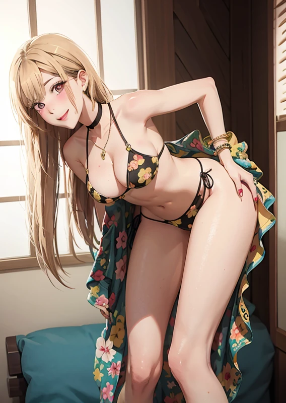 marinlora, 1girl, long hair, blush, smile, blonde hair, large breasts, navel, cleavage, jewelry, swimsuit, bikini, earrings, choker, indoors, bracelet, black bikini, side-tie bikini bottom, halterneck, black choker, piercing, floral print, ear piercing, string bikini, print bikini,