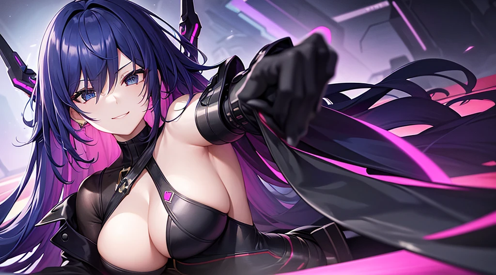 Cyberpunk style、There is a sense of dynamism in the movement、wearing a long black dress、A beautiful lady with bright pink hair and a smile、Relax in bed、holding two swords in hand、Dark interior with blue-green tones、pc wallpaper