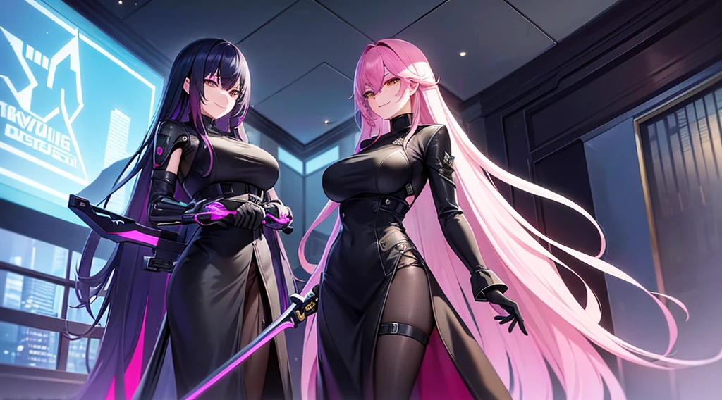 Cyberpunk style、There is a sense of dynamism in the movement、wearing a long black dress、A beautiful lady with bright pink hair and a smile、Relax in bed、holding two swords in hand、Dark interior with blue-green tones、pc wallpaper