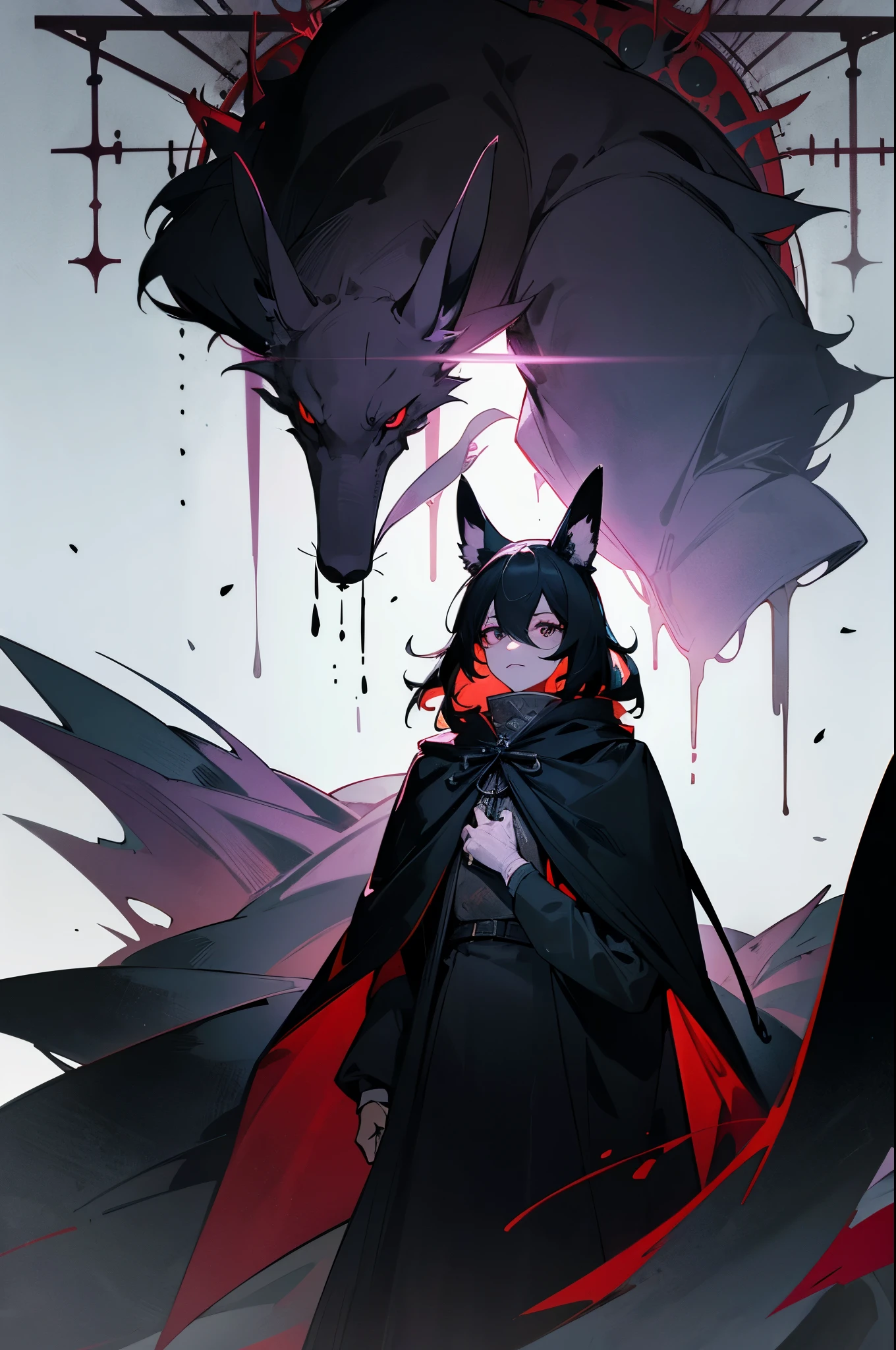 The word EBBY is written in a horror style up in the sky, like a huge font, above a door. Horror atmosphere, book cover. with a furry black rabbit wearing a cloak, beastars style. gothic.