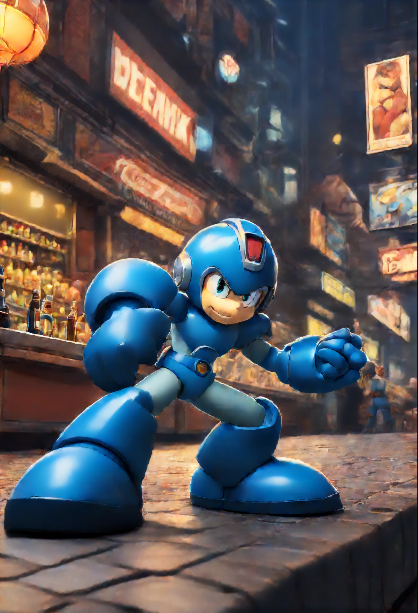 ((32k UHD high detail, 16k HDR cinematic art)) Impressive poster featuring ((Megaman-X)) in classic pose, centered next to Homer Simpson relaxing with a beer. The complex background highlights the busy street with the iconic bar of the Futurama design. The masterpiece is richly detailed to provide the best quality, with cartoon style, Photoshop lighting and a touch of film grain for a crisp focus. | The carefully balanced composition highlights the main characters in the foreground, while the animated background adds depth to the scene. | An incredible view of Megaman-X and Homer Simpson on a high-quality poster with classic and contemporary elements. | {The camera is positioned centrally, framing Megaman-X and Homer Simpson in a way that captures their entire figures, emphasizing their hero poses} | ((perfect_pose)), They are adopting ((hero_poses as relax and enjoy the scene):1.3), ((full body)), (perfect_fingers:1.0), (perfect_legs:1.0), better_hands, More_Detail.