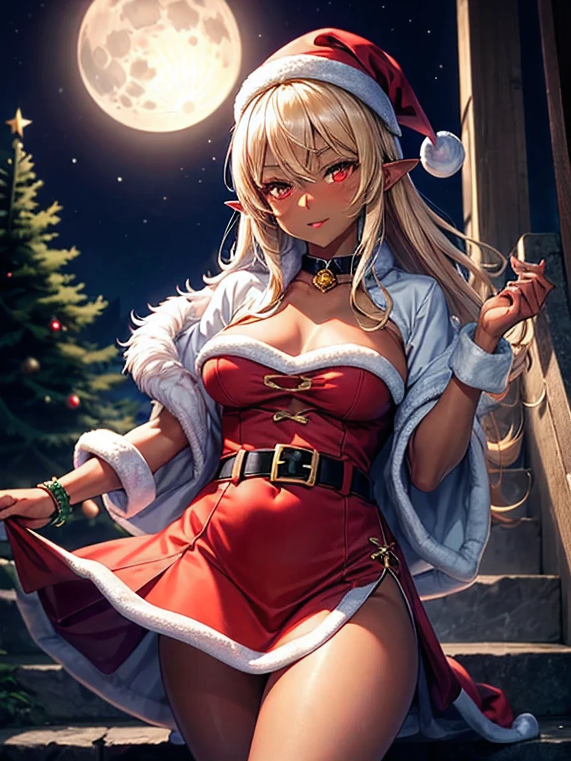 (masutepiece), (Best Quality, High resolution), 1girl in, (Dark skin:1.3), (chubby), medium breasts, pointy ear, brown and blonde hair in shirt, Red Eyes, Glowing eyes, Fur coat, santa dress, blush, Moon, Moonlight, Outside, stairway