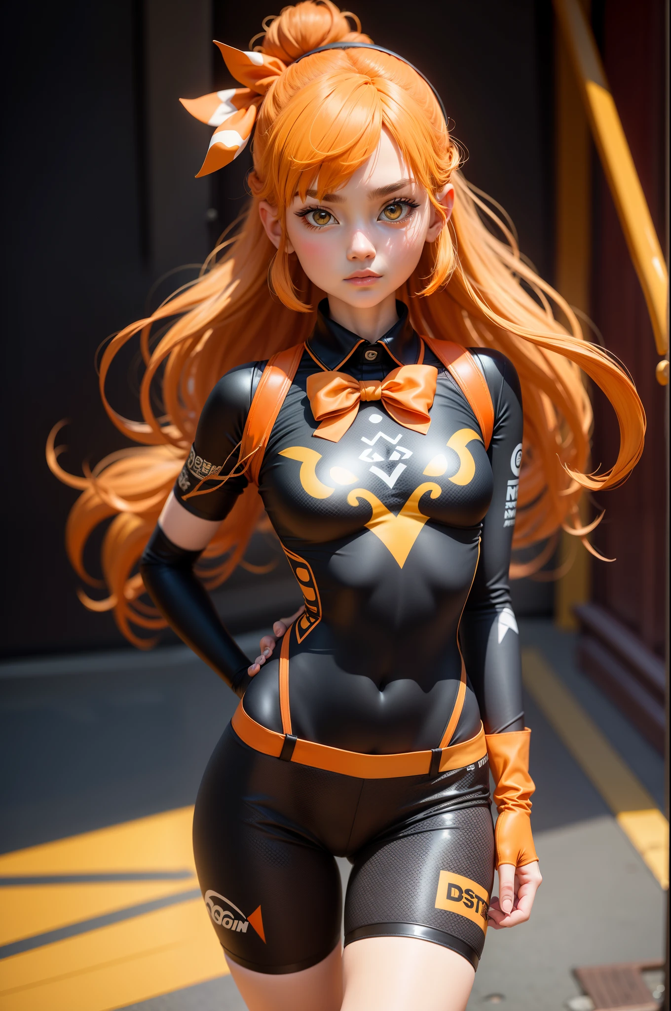 3dmm style, (masterpiece, best quality), intricate details, 1girl, solo, bea\(pokemon\), bow hair band, printed shirt, tied shirt, black bodysuit, bodysuit under clothes, single glove, print shorts, knee pads, barefoot, cowboy shot, looking to the side from the front, visible whole body, arms crossed, yellow clothing, orange hair, mysterious look, whole plan, general plan