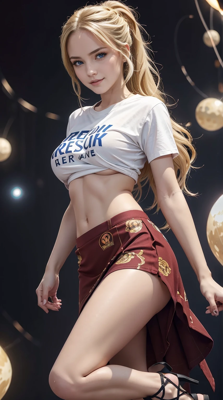 24-year-old Caucasian woman、Hair color is blonde、Eye color is blue、Longhaire、A slender、a smile、Beautiful breasts、She's wearing a small T-shirt with a logo printed on it that shows her underboob.、My abs are cracked、I can see the navel、She's wearing a tight skirt with a deep slit.、hair is in a ponytail、I'm wearing lace-up sandals、I'm in a space where many faintly glowing balls of light are floating.