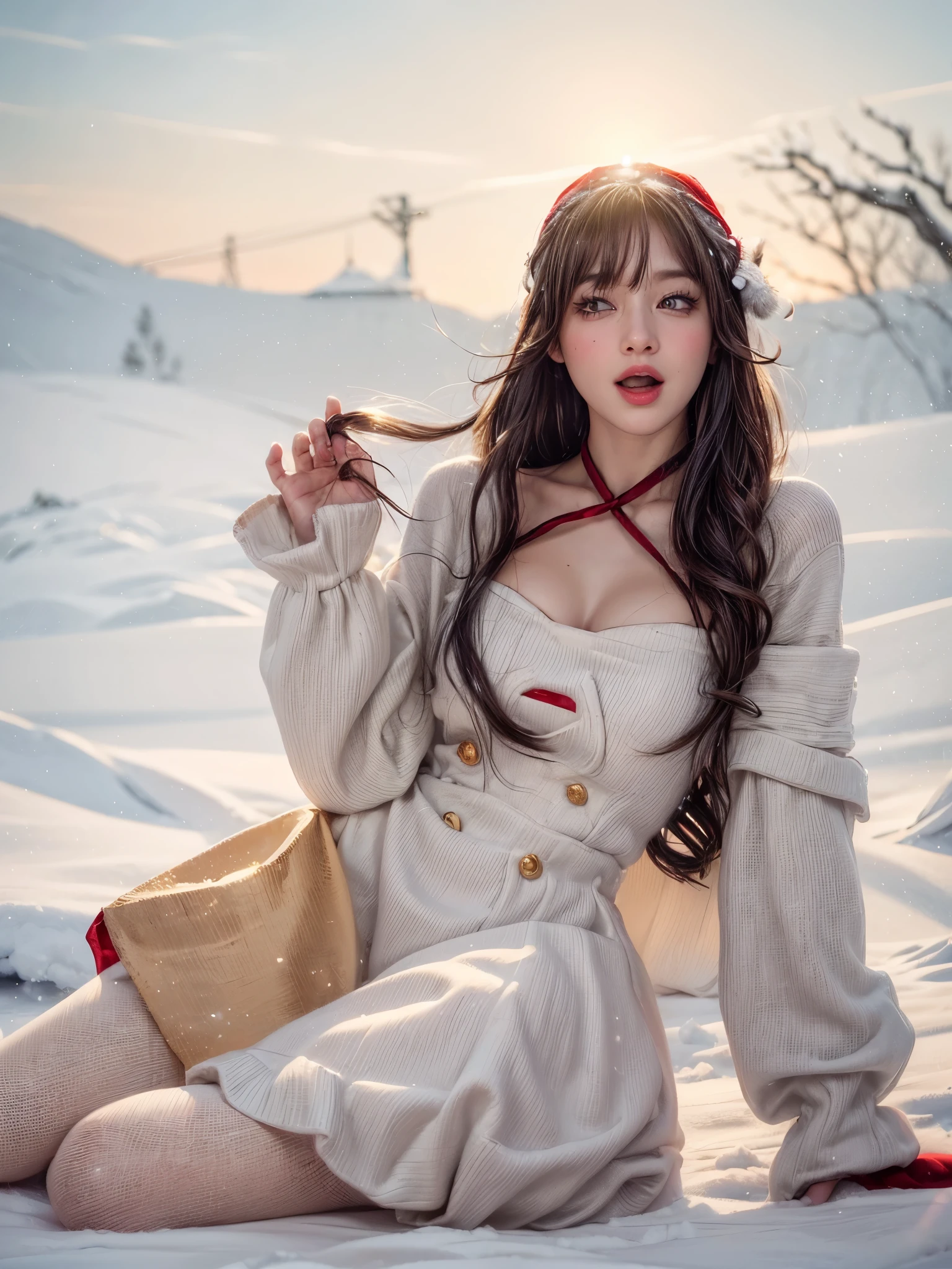 1 cute girl, girl wearing break red clothes:1.52, she sits on the floor, her in the huge room there is a sparkling decorated Christmas tree:1.72, there are many Christmas gift boxes around the girl:1.4, natural lighting, 4K, ultra quality:2, ((realistic photography)), atmospheric perspective, depth of field, cinematic lighting, 8k, super detail, ccurate, best quality, UHD, high quality, super detail, (best quality,4k,8k,highres,masterpiece:1.2),ultra-detailed,(realistic,photorealistic,photo-realistic:1.37),sexy,beautiful detailed eyes,beautiful detailed lips,extremely detailed eyes and face,longeyelashes,1girl,portraits,illustrations,present,Christmas tree,sparkling lights,cosy red hat and gloves,warm winter coat,winter wonderland,wonderment,happiness,presents,excitement,joyful expressions,magical atmosphere,mistletoe,decorations,fluffy snow,rooftop,starry sky,peppermint candy canes,magical reindeer,enchanted forest,frosty breath,glowing fireplace,wrapping ,ornaments,Christmas stockings,snow-covered ground,sleigh,shimmering snowflakes,delightful surprises,glittering ornaments,cheerful laughter,anticipation,happy reunions,cozy socks,cocoa,gingerbread cookies,snowball fights,icicles
