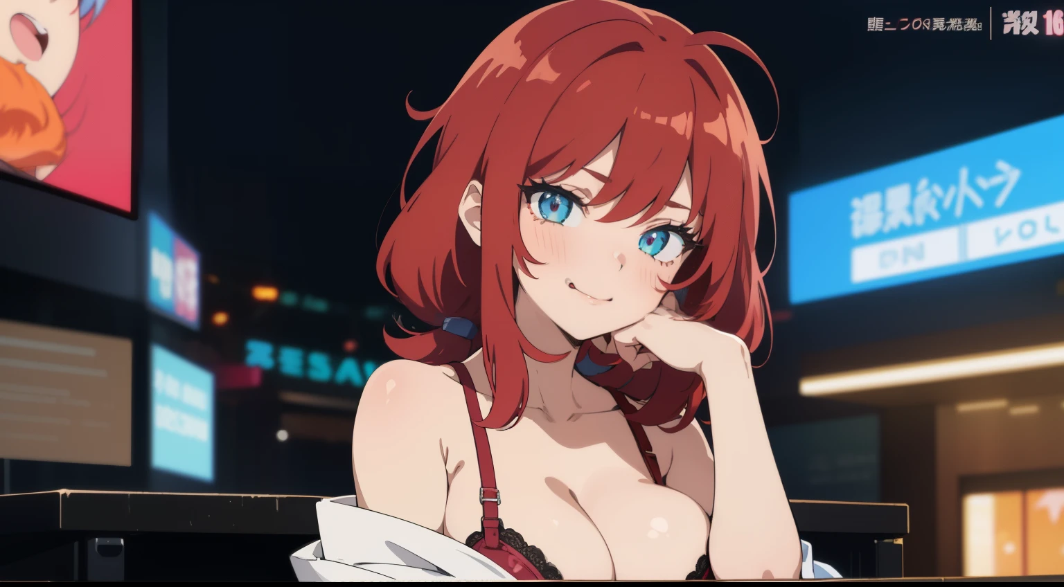 A girl with red hair, bright eyes like an anime, party background, in a bra, big breasts, standing, Waifu anime, retro 80s, hand on her face, sexy face, moaning with a red face, looking sideways at the screen, Anime Girl from the Future, 2D Anime.