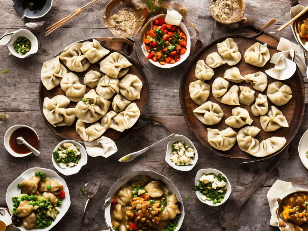 2 aliens at the dinner table eating dumplings, dumplings are laid out on plates and emanate fragrant steam, aliens are drooling at the sight of dumplings, foto realista, cinematic treatment