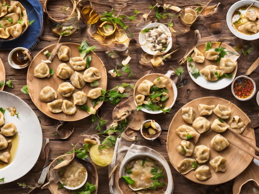 2 aliens at the dinner table eating dumplings, dumplings are laid out on plates and emanate fragrant steam, aliens are drooling at the sight of dumplings, foto realista, cinematic treatment