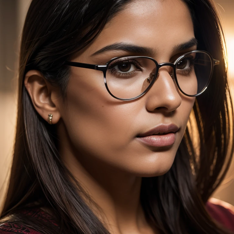 the beautiful woman with long hair and dark glasses, in the style of 8k resolution, close-up, dark silver and light brown, indian scenes, queer academia, high quality, precisionist lines, whistlerian --ar 69:128 --s 750 --v 5.2