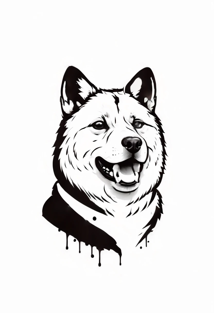 Lovecraftian American akita dog logo design,t shirt design,beefy style,design only,white background,no model,professional,high contrast,high-res,ultra-detailed,vivid colors,metallic accents,sharp focus,edgy,dynamic composition,gritty texture,rough brush strokes,mechanical elements,chrome effect,classic typography,retro style,distressed look,aggressive lines and curves,3D rendering,striking visual impact,dark shadows,strong branding presence,monochromatic palette,industrial aesthetic