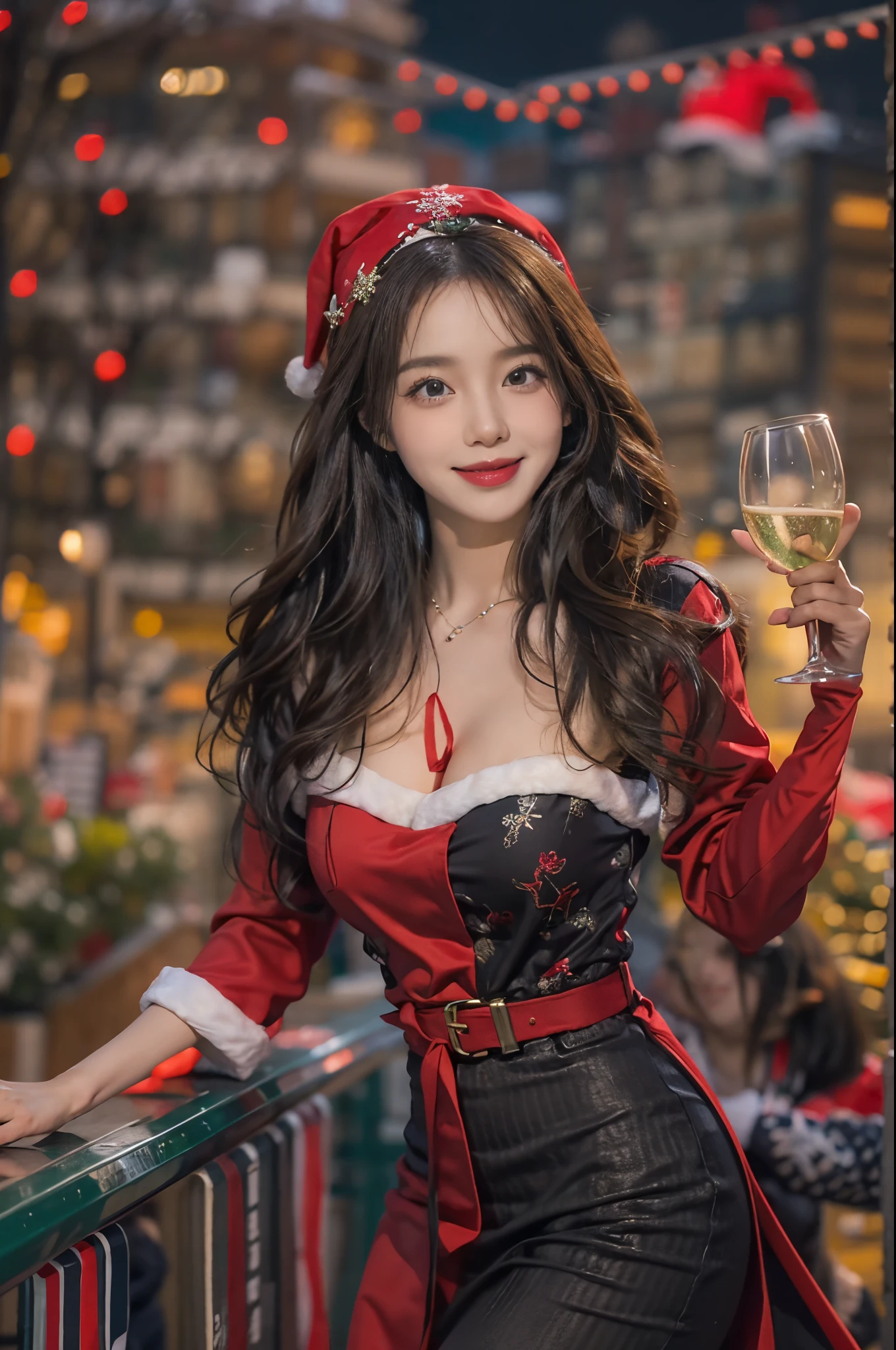 In the gorgeous cityscape on Christmas night, Imagine a brunette woman around 28 years old., She wears a Santa-themed costume with messy hair.. Her beaming smile conveys joy as she hands out a glass of champagne to the viewer.. The color palette should primarily feature red and green, Express a vibrant holiday spirit.beutiful breast