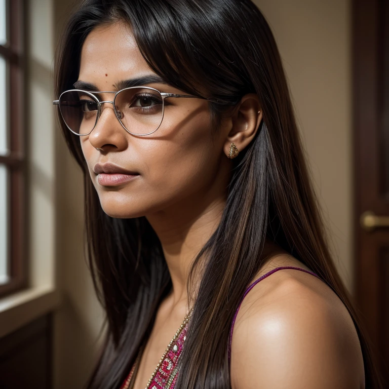 the beautiful woman with long hair and dark glasses, in the style of 8k resolution, close-up, dark silver and light brown, indian scenes, queer academia, high quality, precisionist lines, whistlerian --ar 69:128 --s 750 --v 5.2