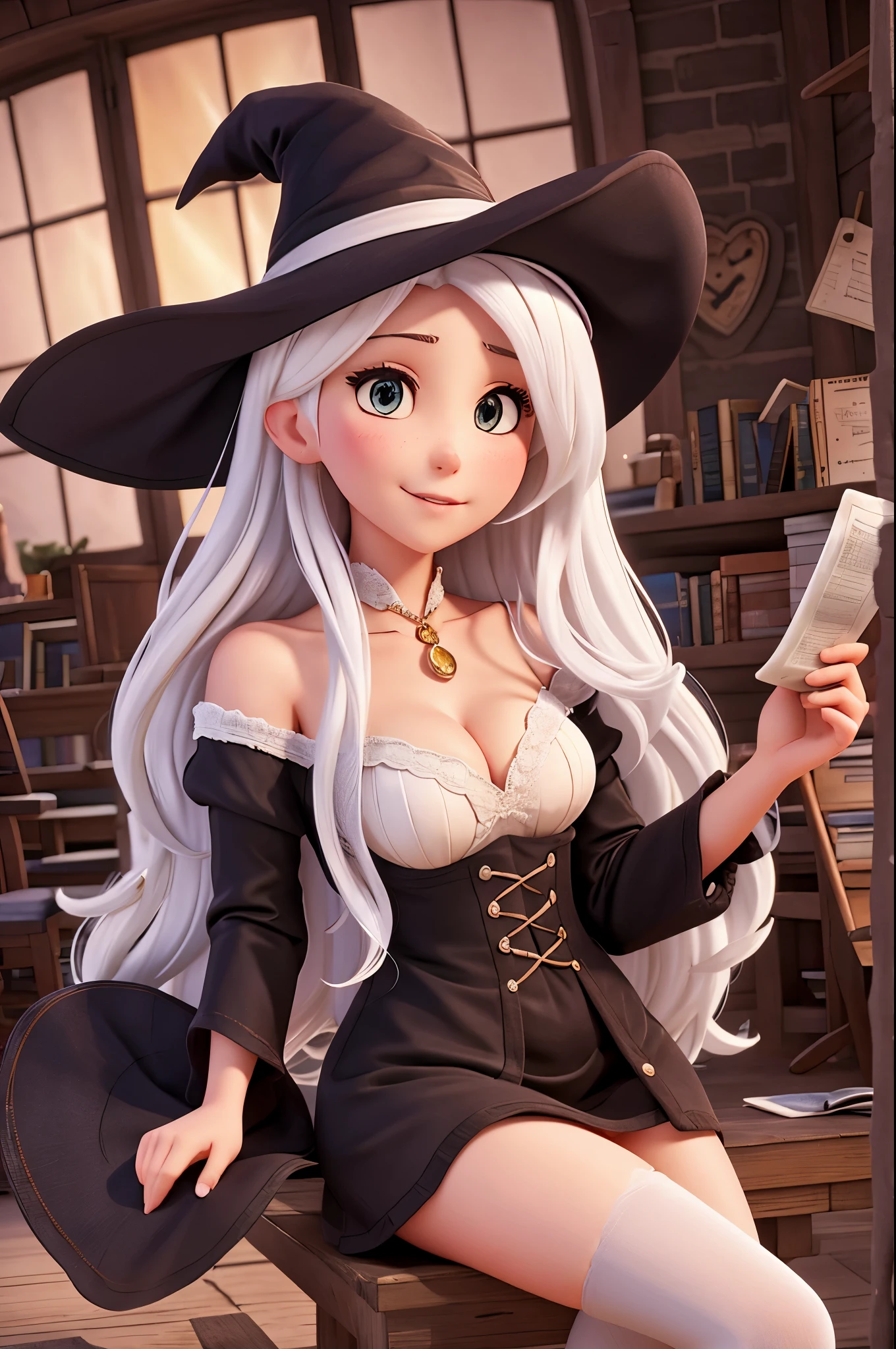 1woman, long hair, white hair, mature, parted lips, blush, sitting, witch hat, witch robe, library, light rays, glow, stockings, narrow waist, (masterpiece), wallpaper, wide angle, from above