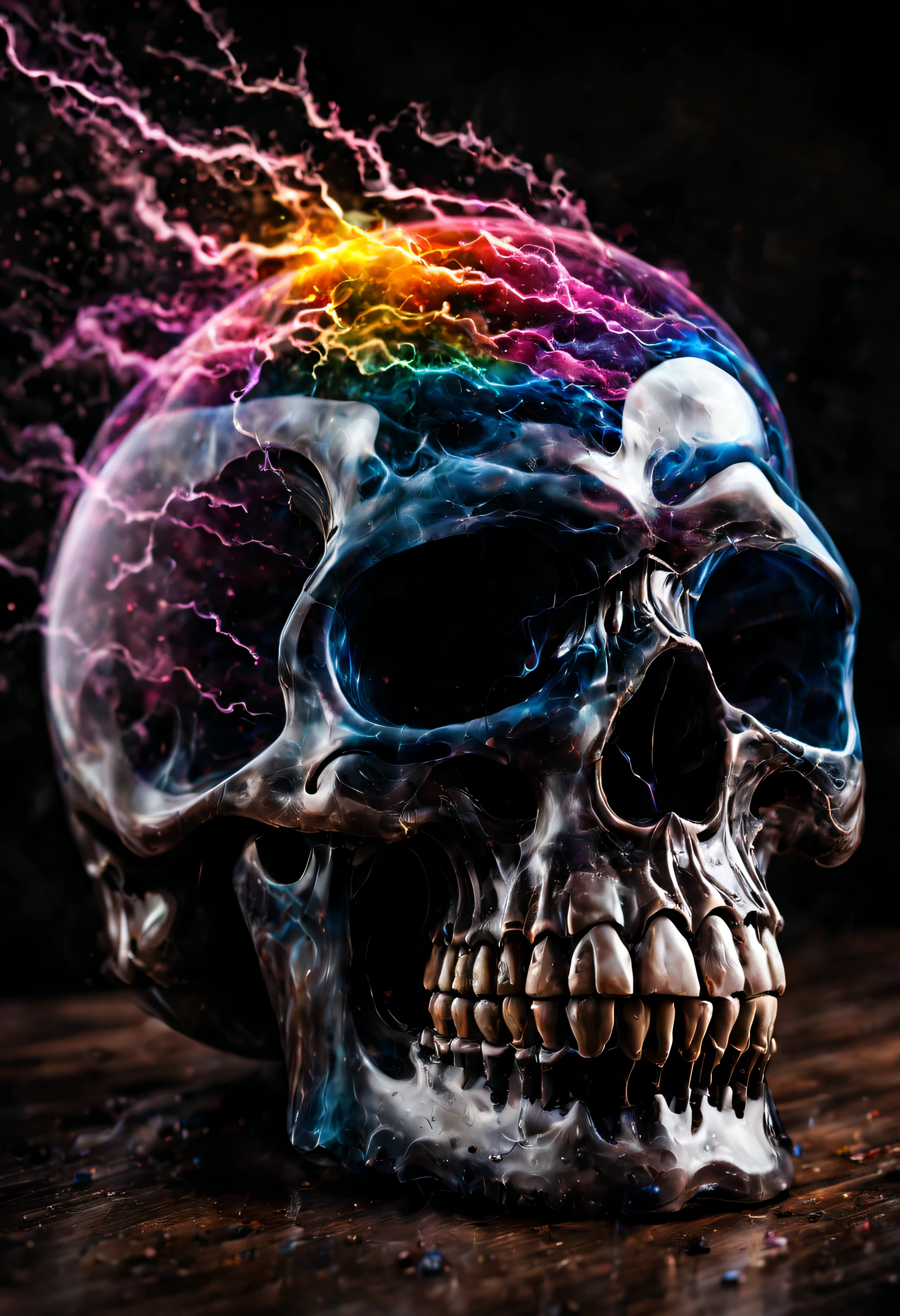 A beautiful realistic magestic darkness glass skull with a coat made of a magnificent storm with lightning, It's textured and beautiful with lot of multicolored flying multicolored dust