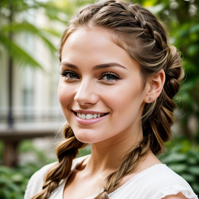 portrait photo of JessicaClements, focus on smiling face, her hair is styled as French braid hair, age 32 year