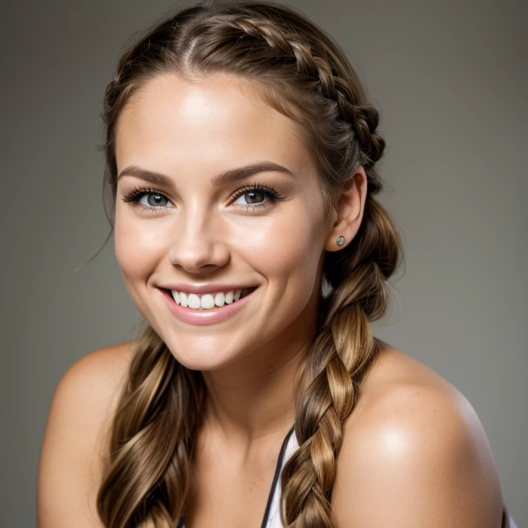 portrait photo of JessicaClements, focus on smiling face, her hair is styled as French braid hair, age 32 year
