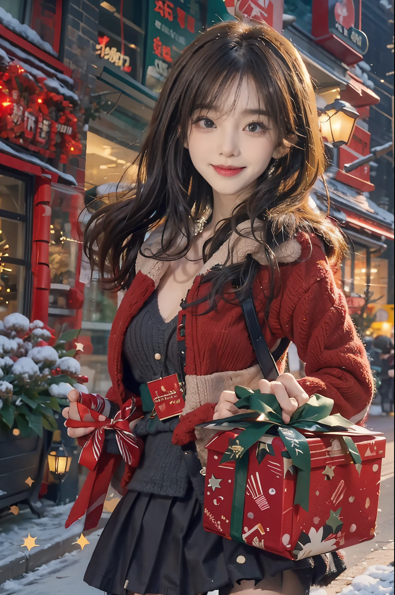 In the gorgeous cityscape on Christmas night, Imagine a brunette woman around 28 years old......, my hair is messy、She is wearing a Santa-style miniskirt and black tights..。.。.。.。.. Her bright smile conveys the joy of handing out presents to viewers....... The color palette should primarily feature red and green, Express your vibrant holiday spirit.