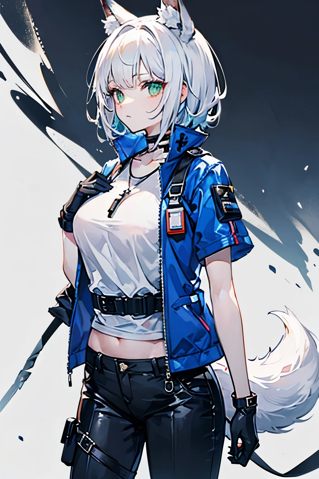 Arknights art style, arknights world,wolf girl,wolf ears,fluffy  tail,short hair,white hair,green eyes,mature body,smooth skin,wearing a black and blue jacket,tactical pants,tactical gloves,