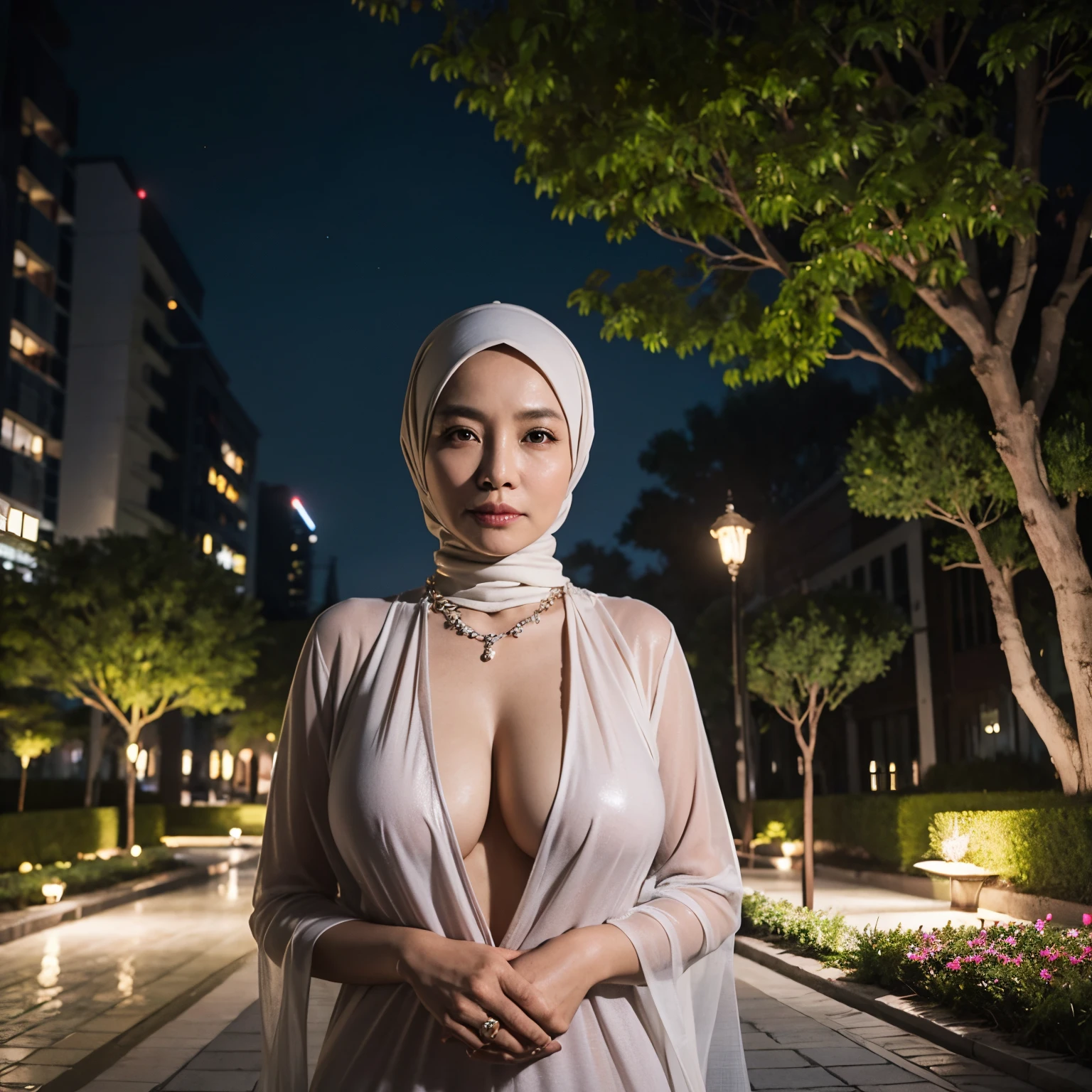 58 Years old, Indonesian mature woman, wearing Wide Hijab, perfect , natural Gigantic breast : 66.9, gorgeous eyes, Soft smile, Naked body, Diamond Necklace, Nightime walk, City garden, Excellent lighting, Light colors, Clean Lines