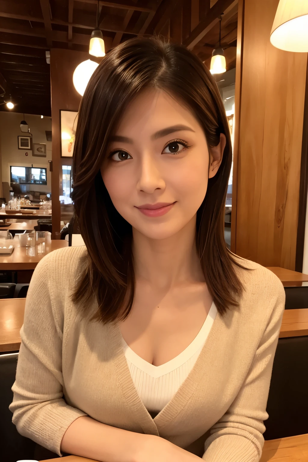 (Highly realistic, high resolusion, Detailed face, Detailed eyes), Thin woman, 40 years old, Cute face, Look at viewers, various popular hairstyles, skinny body shape, Small breasts, very thin waist, In the restaurant, wearing casual clothing