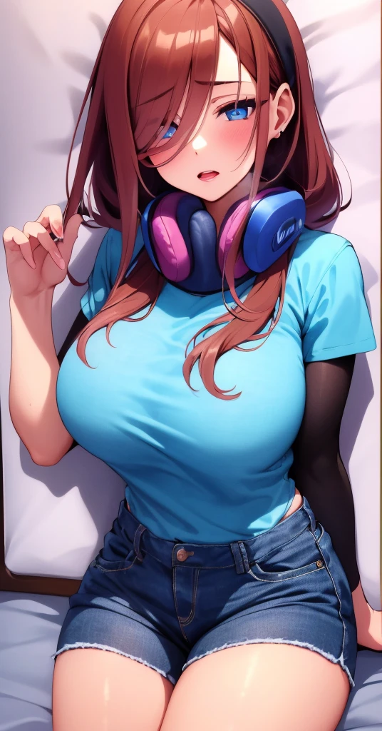 brown -reddsh hair, pink eyes, wearing wet plain t-shirt, denim shorts, bed, absurdres, high res, ultrasharp, 8k, masterpiece, looking at viewer, seductive, sexy, ((large breasts:1.3)), long height, ((nsfw)),  ((spread millk from her vigina)),  ((((spread millk from her vigina like orgasam)), , ((having  with her boyfriend)), (( having rough )), ((rough :1.5)), ((2 person)), ((1 boy and 1 girl)),, ((nsfw)),  ((having )), ((seductive expression)),  ((seductive expression)), ((cinematic photography)), ((cinematic pornograaphi photoshoot)), ((wearing t shirt)),  ((blue headphone around  her neck)), ((detailed eyes:1.5)),((lipgloss)),  ((no headphone in head:1.5 ))