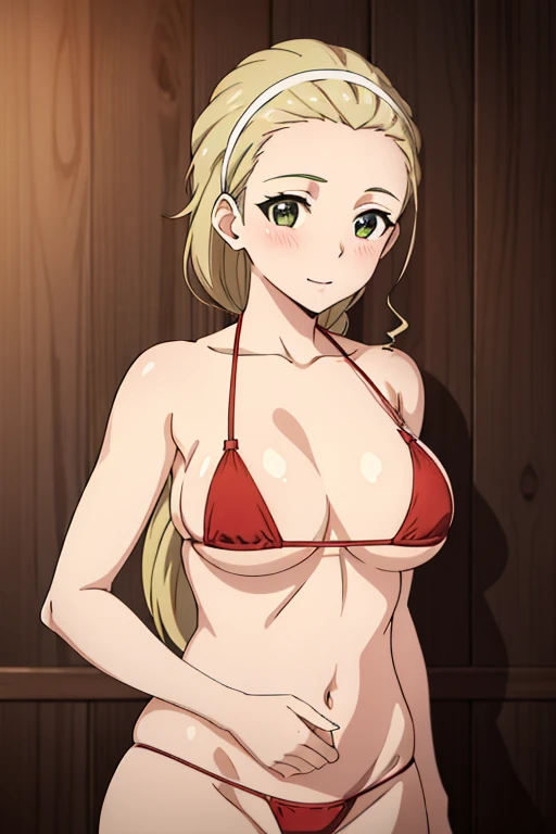 (masterpiece, best quality, high resolution, anime colored, 8k, photorealistic), Akebi Sasaki, hairband, 1girl, (), dark green eyes, smile, blush, (sagging large breast:1.5), (red micro bikini:1.5), (cum on breasts), arms behind back, (from the front:2.0, upper body:1.5), softlight, (perfect detailed anatomy, perfect detailed full body, beautiful detailed hair, beautiful detailed face, beautiful detailed eyes, beautiful detailed breast, beautiful detailed bikini)