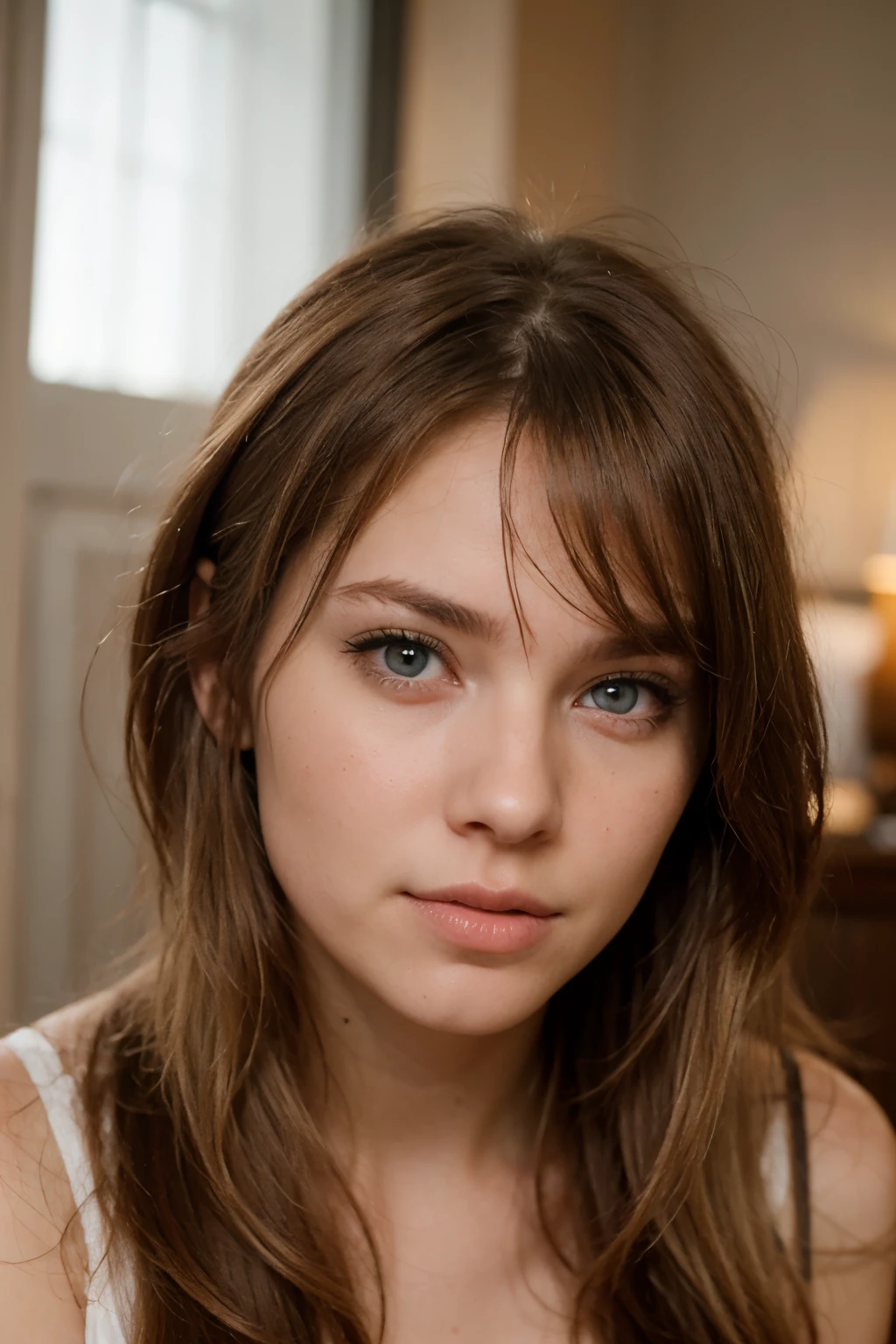 professional portrait photograph of an American girl very beautiful blond long hair and blue eyes just the face with deep hot feeling in her eyes and face showing shy and horny only the face