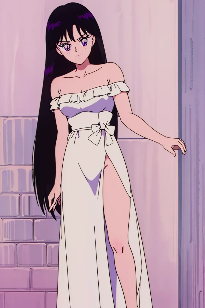 Rei_Hino, 1 girl, solo, Best quality, masterpiece, r, Purple Eyes, Black Hair, Long Hair, Good hands, Smile, Bare Neck, Bare Arms, Bare Shoulders, White Ruffle Off-the-Shoulder Top, White Strapless Off-the-shoulder Dress, White Dress, Long maxi dress, standing near to a Golden Brickwall Background,