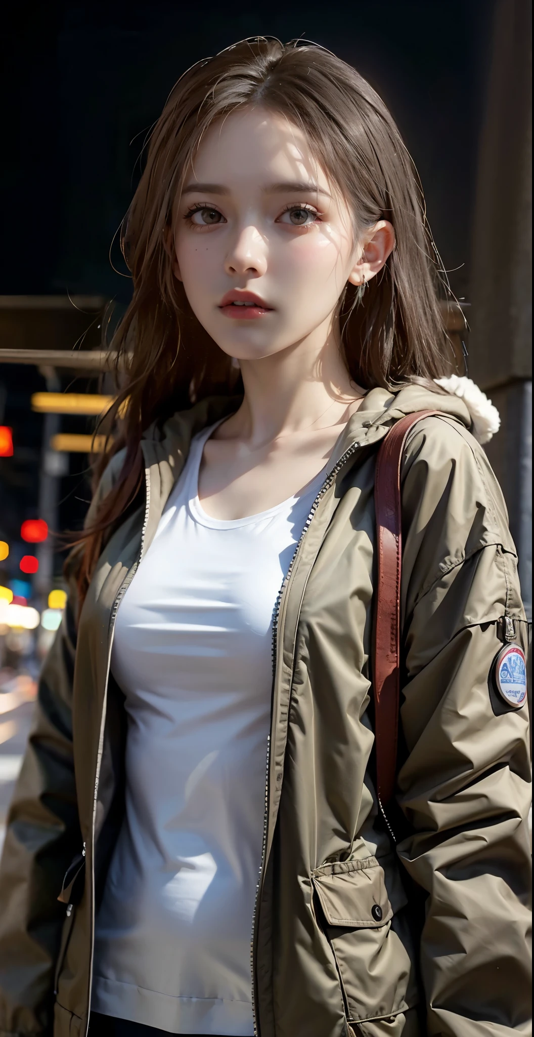 (NSFW), 1womanl, Solo, 24 year old, 7headed body, (cute face), (Ideal ratio body proportions), ((Composition from head to thigh)), Base, MA-1 Jacket, Tank Tops, The lower part of the body is bare, white panties, erectile nipple, Cameltoe, Sexy body, Wet, short-hair, Dark hair, small tits, A slender, Small buttocks, beauty legs, Skinny Legs, surrealism, Cinematic lighting, depth of fields, One-person viewpoint, F/1.8, 135 mm, nffsw, masutepiece, ccurate, ((Anatomically correct)), Textured skin, Super Detail, high details, High quality, awardwinning, Best Quality, hight resolution, 8K
