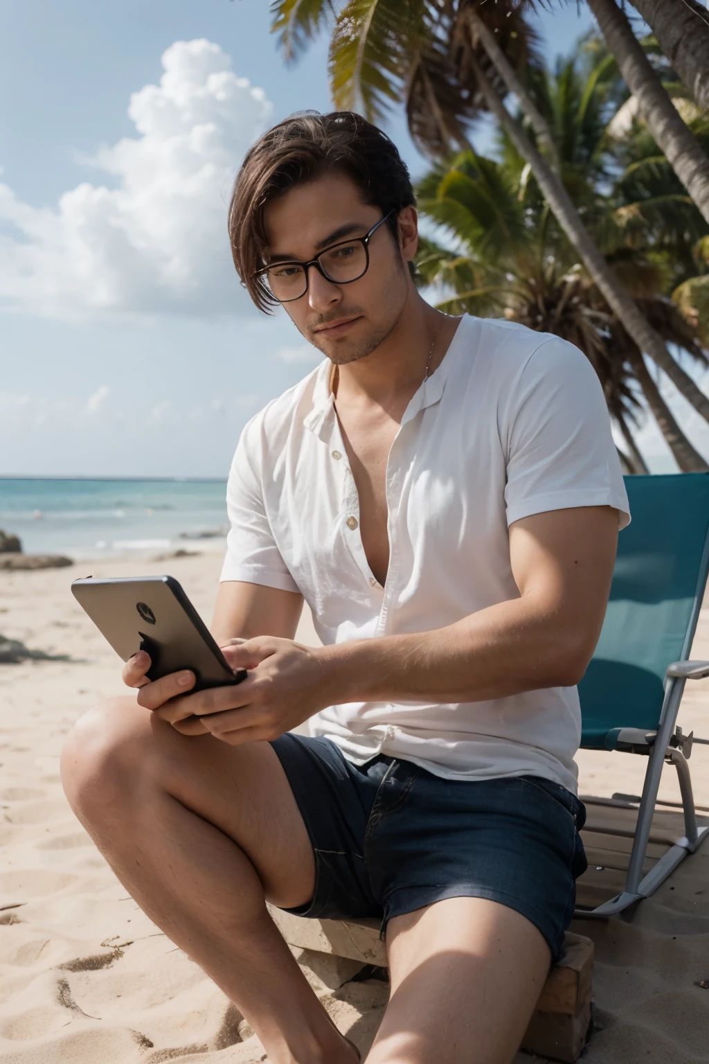 Rich man, sitting in front of a beautiful island-like beach, using a mobile computer, wearing glasses, and showing that he is rich, 4K image,ele It has to be facing the beach