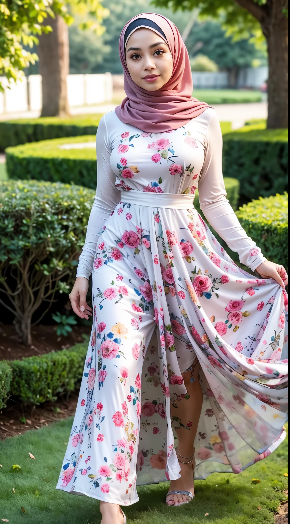 RAW, Best quality, high resolution, masterpiece: 1.3), beautiful Malay woman in hijab, Masterpiece, perfect body, Big breasts, thick thighs, beautiful big eyes, mole under the eyes, long eyelashes, big eyes, beutifull face, Soft smile, woman wearing a floral print dress and hijab, modest flowing gown, flowing dress, full covered dress, beautiful soft silky dress, flowery dress, floral art novuea dress, flower dress, beautiful silky dress, flowing gown, idian dress, frock, soft silk dress, wearing a long flowery dress, swirly flower dress, romantic dress , illustrious clothes Soft turtleneck, evening walk, garden park, Great lighting, Bright colors, Clean lines