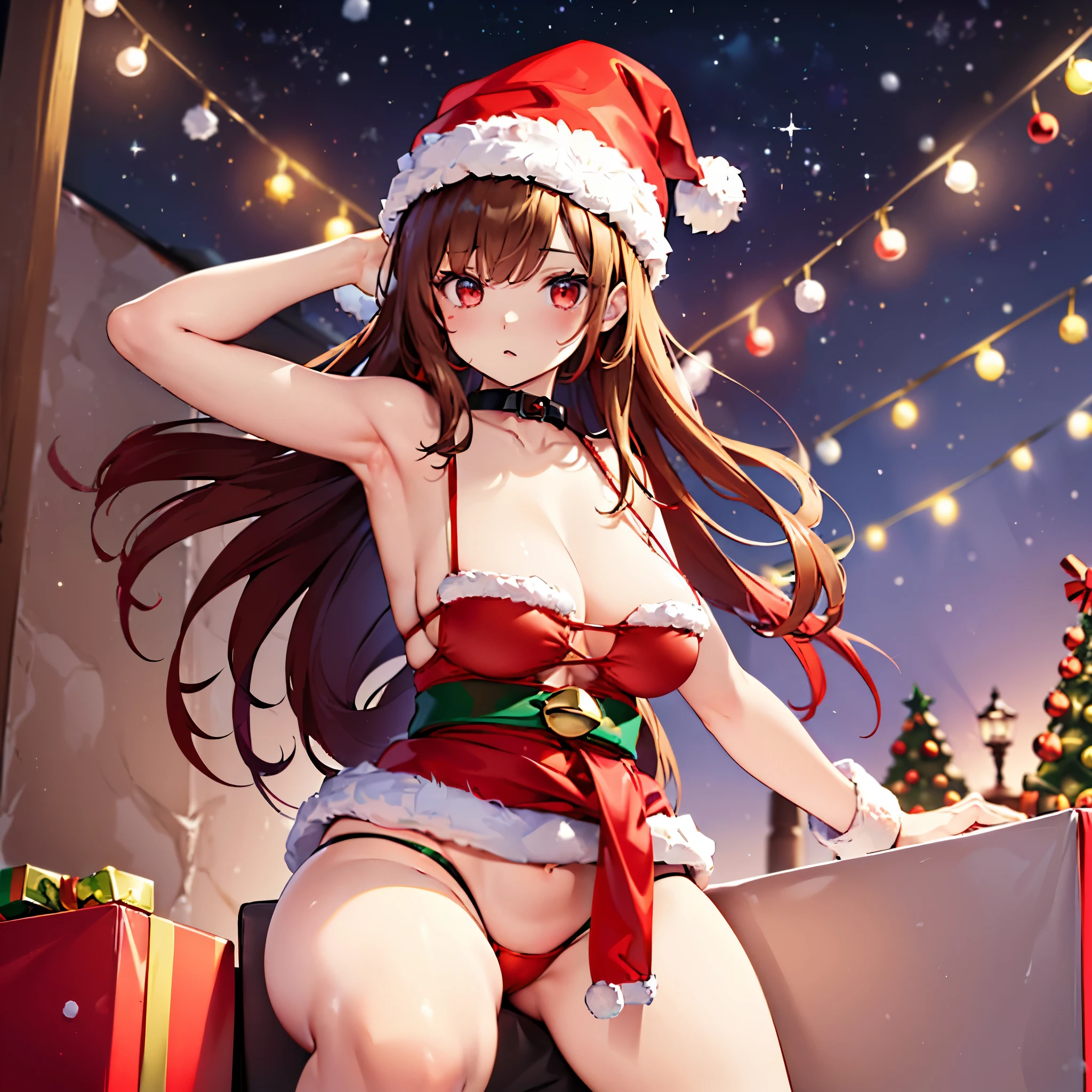 (8k, best quality, tmasterpiece:1.2),\(eye detailed\),\(Facial features\),(\(Clothes detail detailull body),(1 girl:1.3),(solo),(/brown hair:1.1/),long wave hair,(red eyes),(/Large breasts:1.2/),(Christmas_sexy_Outfit),(/Christmas bikini:1.4/),(santa hat:1.5),(red bikini:1.3),(skin:1.2),(Christmas string lights wrapped several times around the waist:1.3),(Colorful LED lights:1.3),(armpit:1.2),(groin,Looming),(thick thigh),(spreading legs:1.35),(riding squat:1.34),Christmas party,