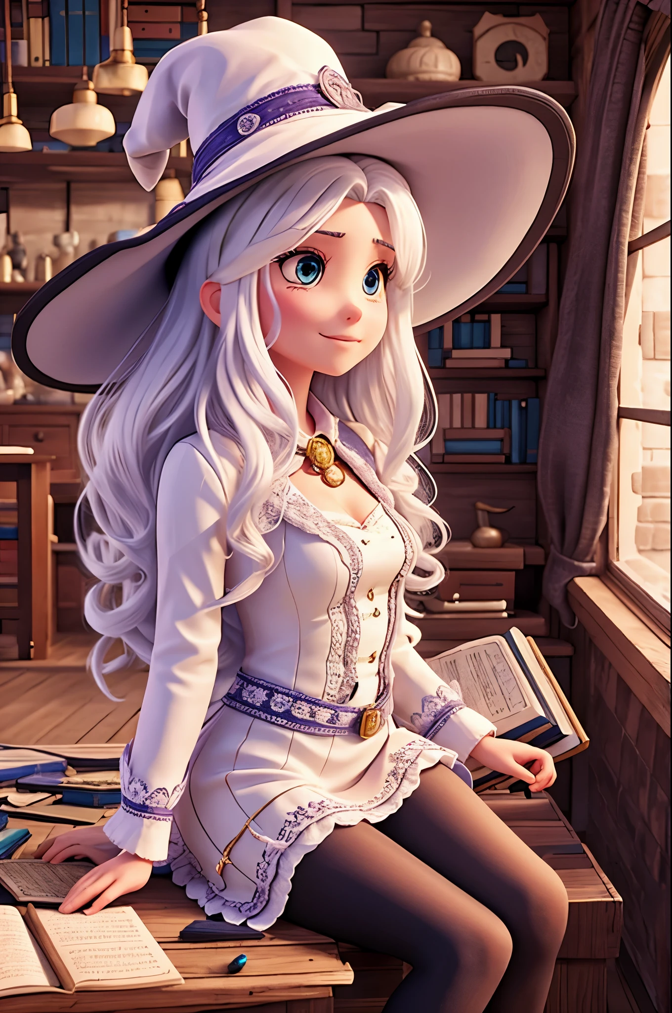 1woman, long hair, white hair, mature, parted lips, blush, sitting, witch hat, witch robe, library, light rays, glow, stockings, narrow waist, (masterpiece), wallpaper, wide angle, from above