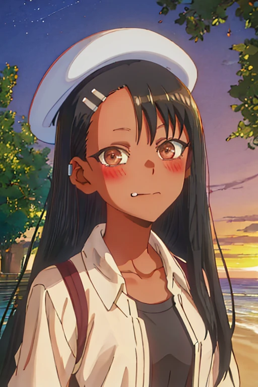 best quality, masterpiece, highres, solo, {nagatoro_hayase_donttoywithmemissnagatoro:1.15}, black_hair, long_hair, dark-skinned_female, dark_skin, brown_eyes, hairclip, hair_ornament, blush, bangs, smile, 1girl, beret, evening, hat, outdoors, micro bikini, sky, sunset, white_headwear, looking_at_viewer, orange_sky, portrait, tree, earclip, see through micro bikini, tan lines, closed_mouth