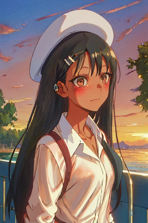 best quality, masterpiece, highres, solo, {nagatoro_hayase_donttoywithmemissnagatoro:1.15}, black_hair, long_hair, dark-skinned_female, dark_skin, brown_eyes, hairclip, hair_ornament, blush, bangs, smile, 1girl, beret, evening, hat, outdoors, micro bikini, sky, sunset, white_headwear, looking_at_viewer, orange_sky, portrait, tree, earclip, see through micro bikini, tan lines, closed_mouth