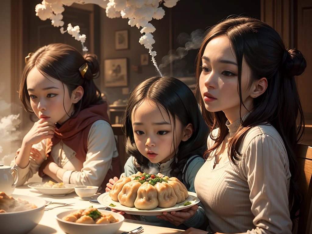 2 aliens at the dinner table eating dumplings, dumplings are laid out on plates and emanate fragrant steam, aliens are drooling at the sight of dumplings, foto realista, cinematic treatment