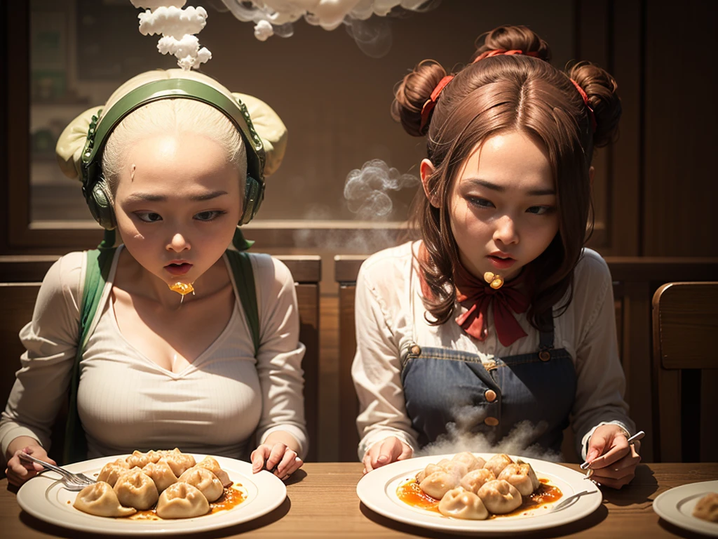 Aliens sitting at the table, the aliens look hungry, (Aliens), aliens are drooling, aliens eat dumplings
