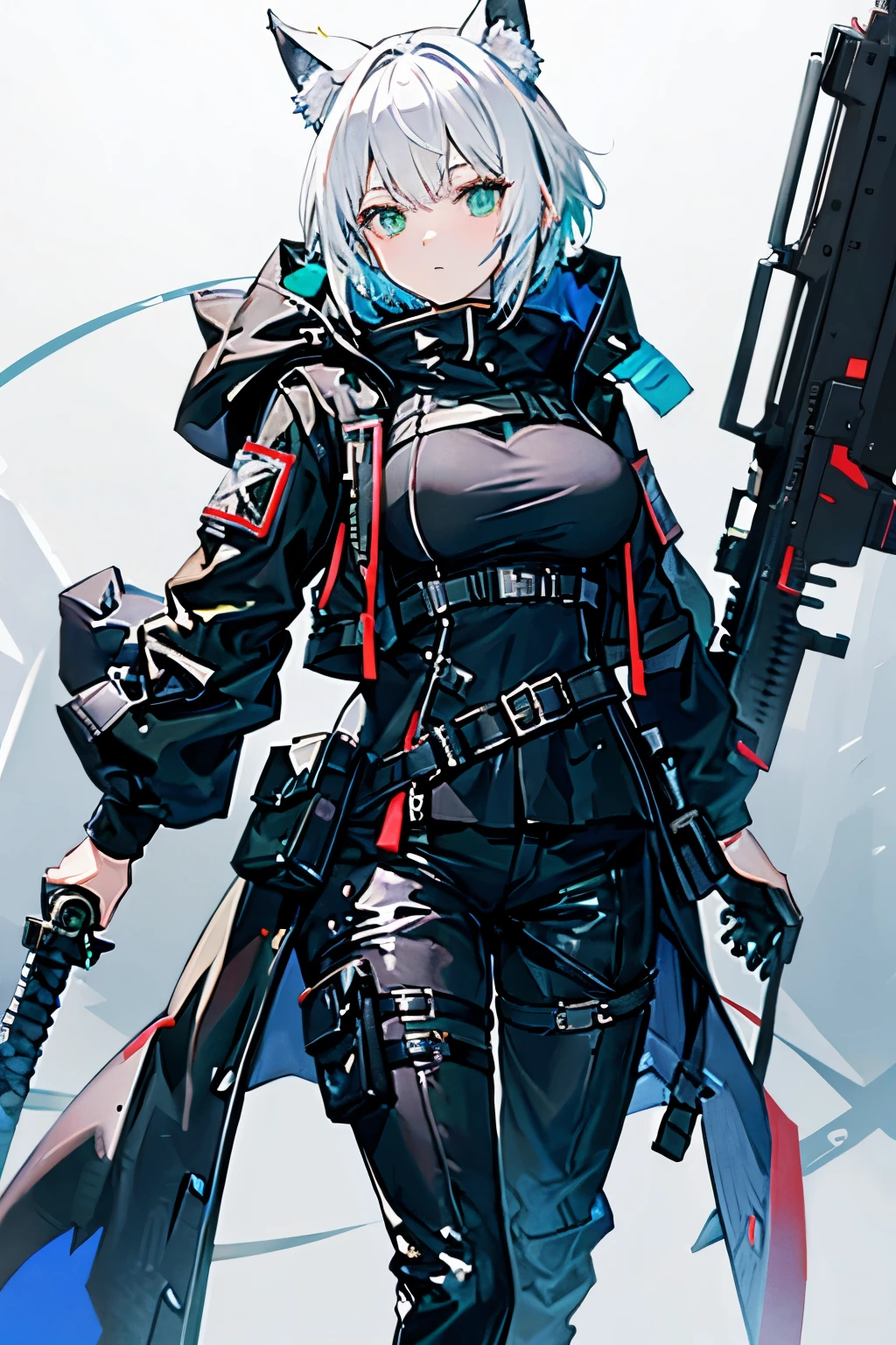 Arknights art style, arknights world,wolf girl,wolf ears,fluffy  tail,short hair,white hair,green eyes,mature body,smooth skin,wearing a black and blue jacket,tactical pants,tactical gloves,big breast, holding a sword