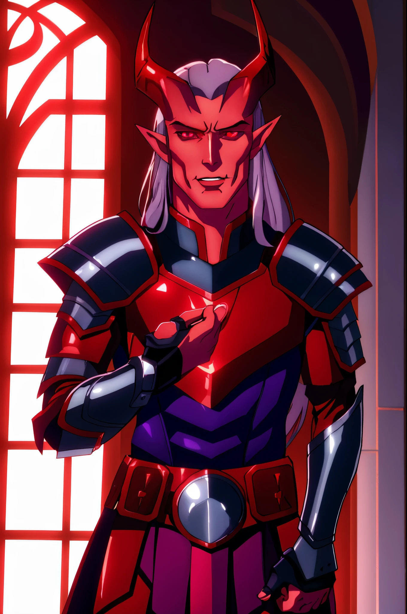 masterpiece, best quality, tiefling, Male, purple Streaked Grey hair, long hair, red eyes, red colored skin, red horns, pointy ears, looking at viewer, upper body, Half plate, shoulder armor, gauntlets, belt, glowing eyes, ,colored sclera, Lute, lips,