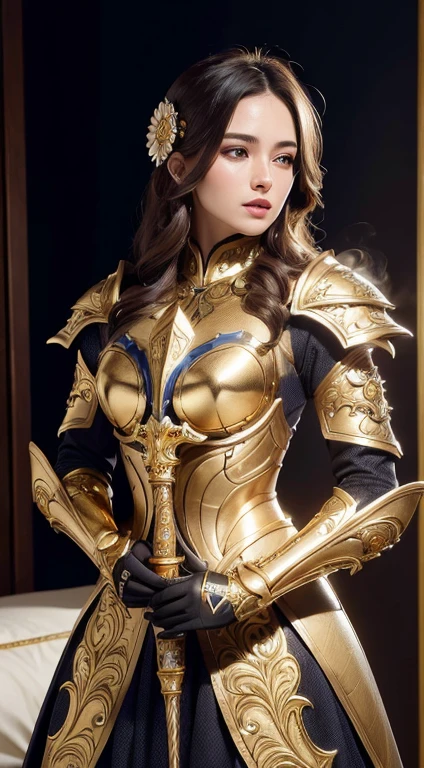 ((best quality)), ((masterpiece)), (detailed), perfect faceAn image of a beautiful woman(full shot)wearing gold and white armor with a luxurious and intricate design. This armor has an inner glow that hints at the complexity of its design ,hold the weapon in hand, pop smoke .,hyper realistic ,cinematic light,