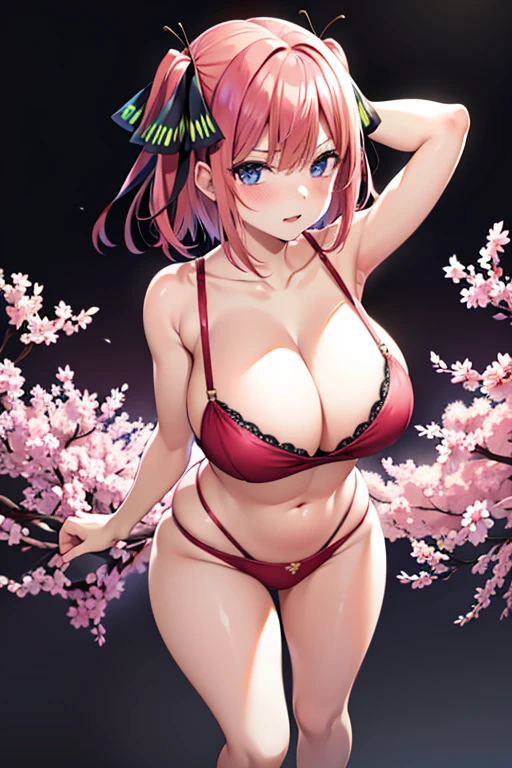 masterpiece, best quality, highres, Nakano nino, 1girl, solo, pink hair, short hair, busty, butterfly hair ornament, gigantic breast, cleavage, short pink hotpants, sport bra, blush, black thighhighs, looking at viewer, annoyed, blush, full body, standing, background, arms behind head, (erotic pose:1.4)