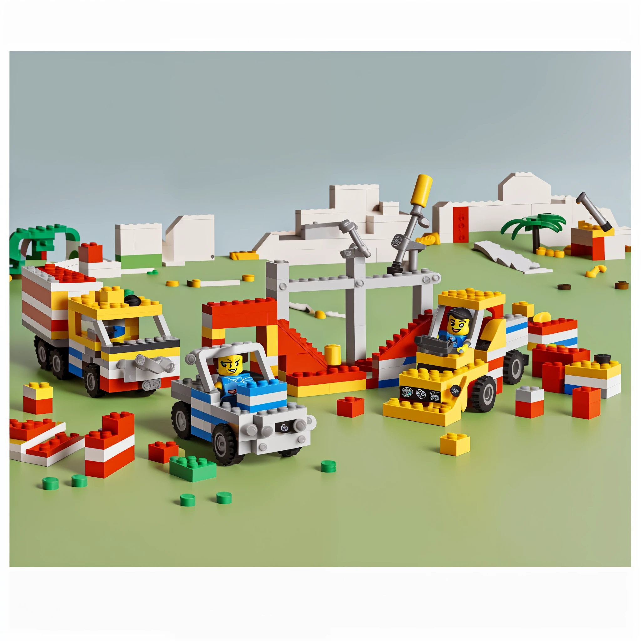 Cidade LEGO construction vehicles and construction equipment on a green surface, Cidade LEGO, construction yard, Conjunto LEGO, Estilo LEGO, brand new Conjunto LEGO ( 2 0 2 1 ), Arte Promocional, LEGO, foto oficial do produto, Labirinto Wimmelbilder feito de LEGO, bola parada multijogador, Legos, building blocks, bola parada multijogador :9, Foto do produto