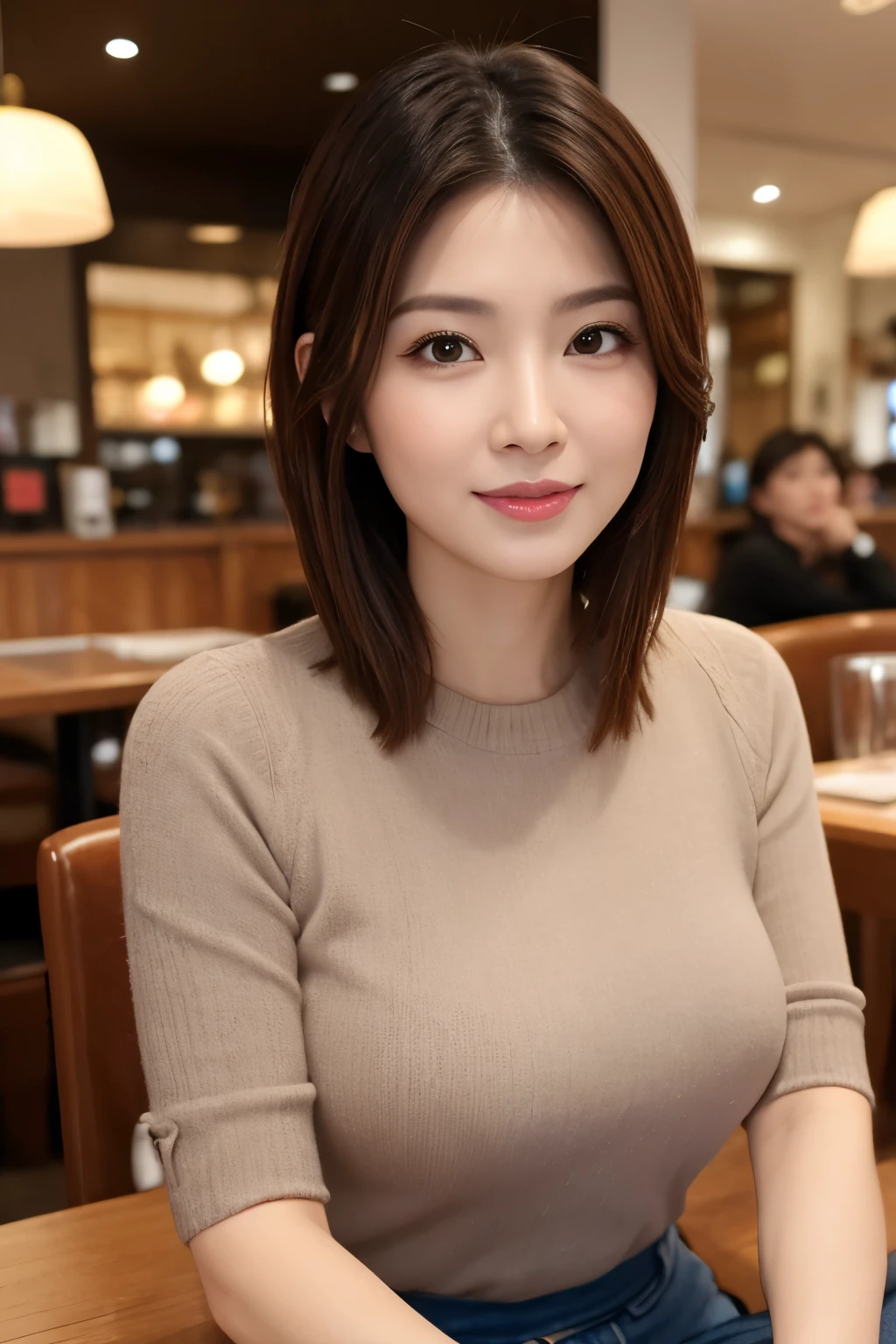 (Highly realistic, high resolusion, Detailed face, Detailed eyes), Thin woman, 40 years old, Cute face, Look at viewers, various popular hairstyles, skinny body shape, Small breasts, very thin waist, In the restaurant, wearing casual clothing