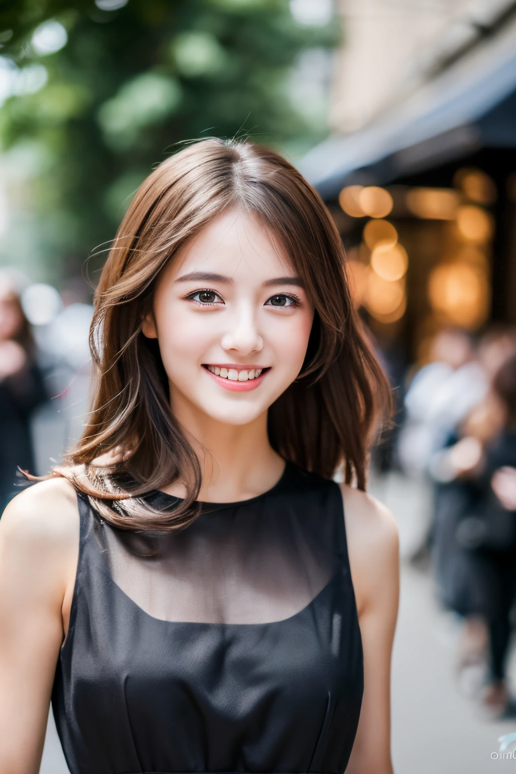 ((Best quality, 8k, Masterpiece :1.3)), 1girl, smiling, full body, slim face, Pretty woman, (Dark brown hair), full length dress :1.1, Ultra-detailed face, Detailed eyes, Double eyelid, blur background, slim face, city, outside, street,
